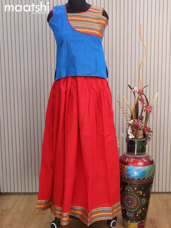 Mangalgiri cotton kids lehenga cs blue and red with patch work neck pattern and woven border for 12 years - {{ collection.title }} by Prashanti Sarees