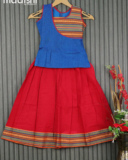 Mangalgiri cotton kids lehenga cs blue and red with patch work neck pattern and woven border for 6 years - {{ collection.title }} by Prashanti Sarees