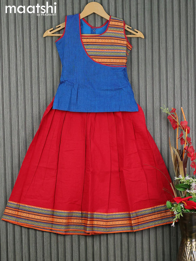 Mangalgiri cotton kids lehenga cs blue and red with patch work neck pattern and woven border for 6 years - {{ collection.title }} by Prashanti Sarees