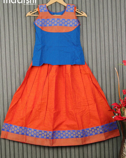 Mangalgiri cotton kids lehenga cs blue and rustic orange with patch work neck pattern and zari woven border for 7 years - {{ collection.title }} by Prashanti Sarees