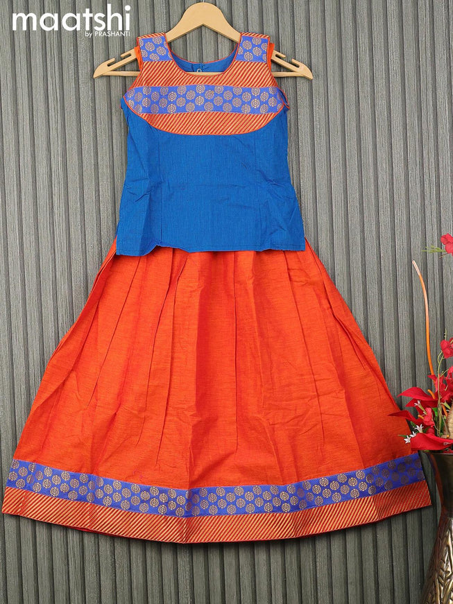 Mangalgiri cotton kids lehenga cs blue and rustic orange with patch work neck pattern and zari woven border for 7 years - {{ collection.title }} by Prashanti Sarees