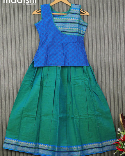 Mangalgiri cotton kids lehenga cs blue and teal green shade with patch work neck pattern and woven border for 10 years - {{ collection.title }} by Prashanti Sarees