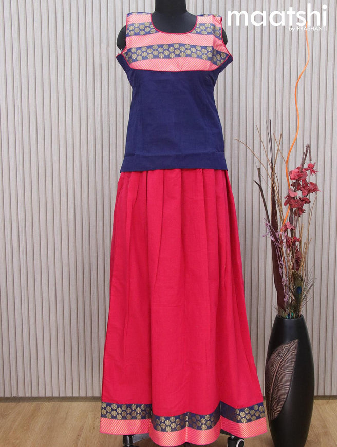 Mangalgiri cotton kids lehenga dark blue and pink shade with patch work neck pattern and zari woven border Sleeve attached - {{ collection.title }} by Prashanti Sarees