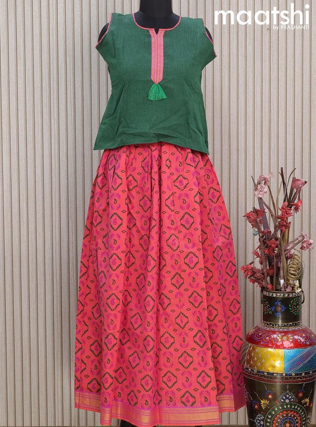 Mangalgiri cotton kids lehenga dark green and dual shade of pink with patch work neck pattern and ikat prints & woven border Sleeve attached - {{ collection.title }} by Prashanti Sarees