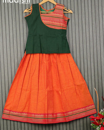 Mangalgiri cotton kids lehenga dark green and orange with patch work neck pattern and woven border for 8 years - {{ collection.title }} by Prashanti Sarees