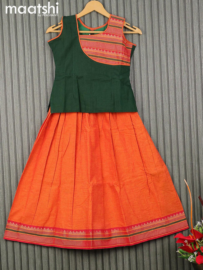 Mangalgiri cotton kids lehenga dark green and orange with patch work neck pattern and woven border for 8 years - {{ collection.title }} by Prashanti Sarees