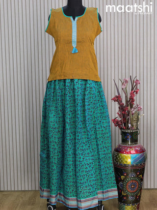 Mangalgiri cotton kids lehenga dark mustard and teal blue with patch work neck pattern and warli prints & woven border Sleeve attached