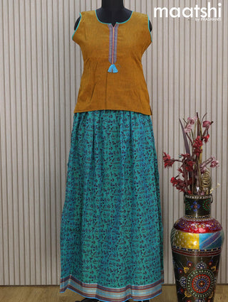 Mangalgiri cotton kids lehenga dark mustard and teal bluish green with patch work neck pattern and warli prints & woven border Sleeve attached