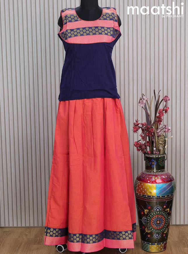 Mangalgiri cotton kids lehenga dark navy blue and dual shade of pink with patch work neck pattern and zari woven border Sleeve attached - {{ collection.title }} by Prashanti Sarees