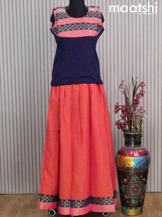 Mangalgiri cotton kids lehenga dark navy blue and dual shade of pink with patch work neck pattern and zari woven border Sleeve attached