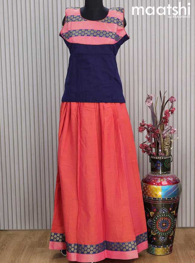 Mangalgiri cotton kids lehenga dark navy blue and dual shade of pinkish orange with patch work neck pattern and zari woven border Sleeve attached - {{ collection.title }} by Prashanti Sarees