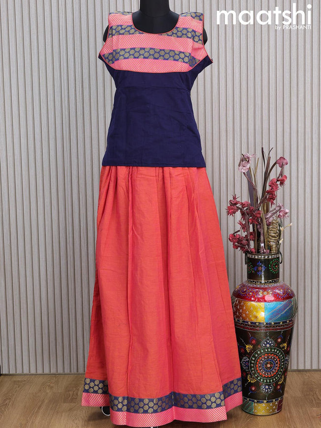 Mangalgiri cotton kids lehenga dark navy blue and dual shade of pinkish orange with patch work neck pattern and zari woven border Sleeve attached - {{ collection.title }} by Prashanti Sarees
