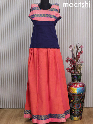 Mangalgiri cotton kids lehenga dark navy blue and dual shade of pinkish orange with patch work neck pattern and zari woven border Sleeve attached