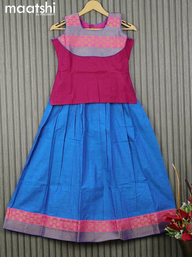 Mangalgiri cotton kids lehenga dark pink and cs blue with patch work neck pattern and zari woven border for 9 years - {{ collection.title }} by Prashanti Sarees