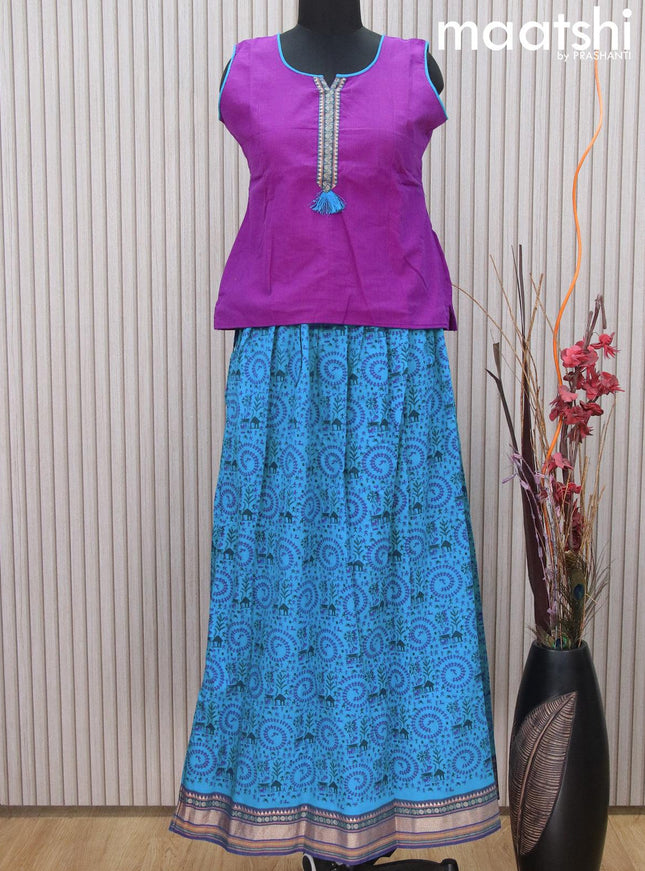 Mangalgiri cotton kids lehenga deep purple and cs blue with patch work neck pattern and warli prints & woven border Sleeve attached - {{ collection.title }} by Prashanti Sarees