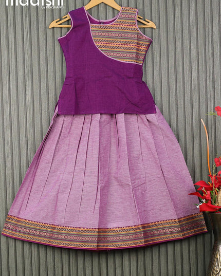 Mangalgiri cotton kids lehenga deep purple and mild purple with patch work neck pattern and woven border for 7 years - {{ collection.title }} by Prashanti Sarees