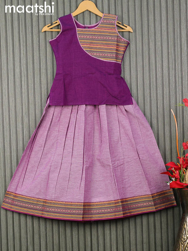 Mangalgiri cotton kids lehenga deep purple and mild purple with patch work neck pattern and woven border for 7 years - {{ collection.title }} by Prashanti Sarees