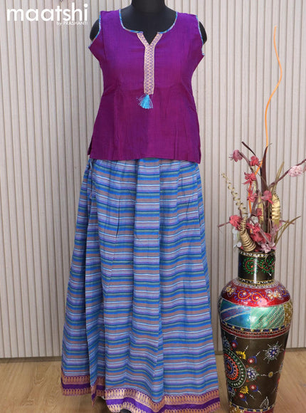 Mangalgiri cotton kids lehenga deep purple and multi colour with patch work neck pattern and allover stripes pattern & zari border for 13 years - {{ collection.title }} by Prashanti Sarees
