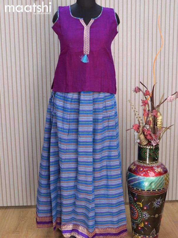 Mangalgiri cotton kids lehenga deep purple and multi colour with patch work neck pattern and allover stripes pattern & zari border for 13 years - {{ collection.title }} by Prashanti Sarees