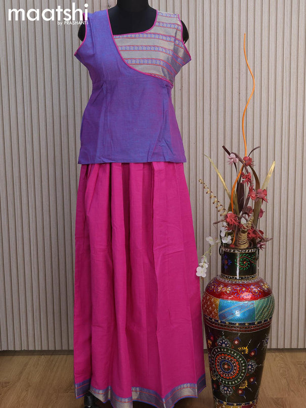 Mangalgiri cotton kids lehenga dual shade of blue and magenta pink with patch work neck pattern and woven border for 14 years - {{ collection.title }} by Prashanti Sarees