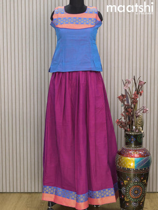 Mangalgiri cotton kids lehenga dual shade of blue and magenta pink with patch work neck pattern and zari woven border Sleeve attached