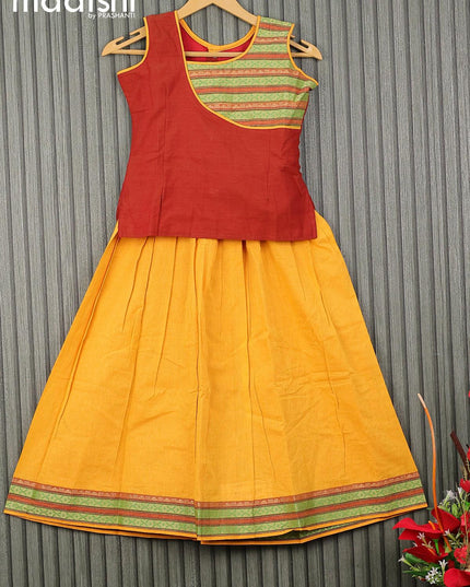 Mangalgiri cotton kids lehenga dual shade of rust and yellow with patch work neck pattern and woven border for 8 years - {{ collection.title }} by Prashanti Sarees