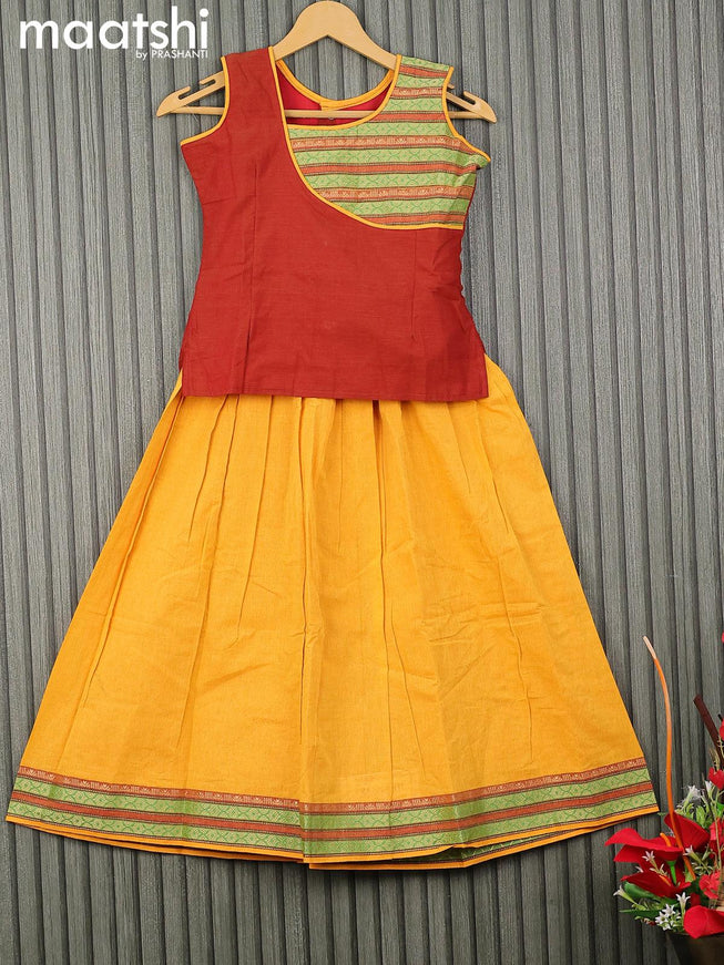 Mangalgiri cotton kids lehenga dual shade of rust and yellow with patch work neck pattern and woven border for 8 years - {{ collection.title }} by Prashanti Sarees