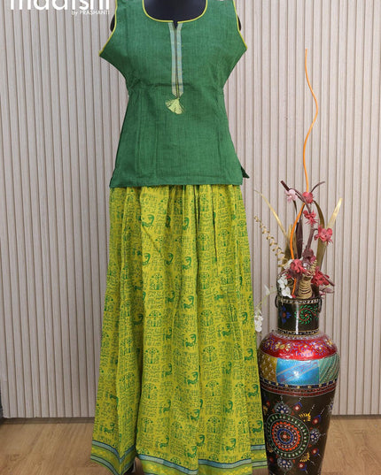 Mangalgiri cotton kids lehenga green and green shade with patch work neck pattern and warli prints & woven border for 15 years - {{ collection.title }} by Prashanti Sarees