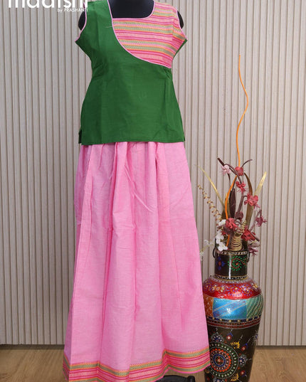 Mangalgiri cotton kids lehenga green and light pink with patch work neck pattern and woven border for 14 years - {{ collection.title }} by Prashanti Sarees