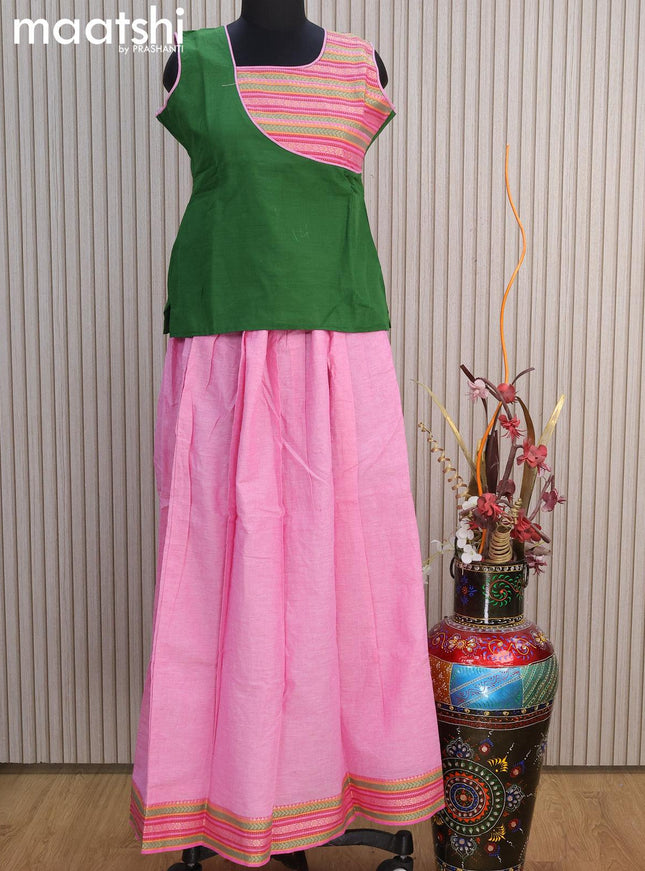 Mangalgiri cotton kids lehenga green and light pink with patch work neck pattern and woven border for 14 years - {{ collection.title }} by Prashanti Sarees