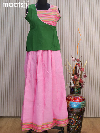 Mangalgiri cotton kids lehenga green and light pink with patch work neck pattern and woven border for 14 years