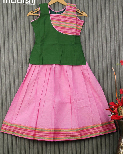 Mangalgiri cotton kids lehenga green and light pink with patch work neck pattern and woven border for 7 years - {{ collection.title }} by Prashanti Sarees