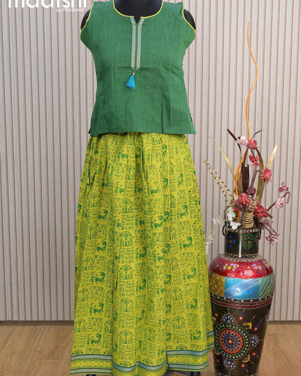 Mangalgiri cotton kids lehenga green and lime green with patch work neck pattern and warli prints & woven border for 11 years - {{ collection.title }} by Prashanti Sarees