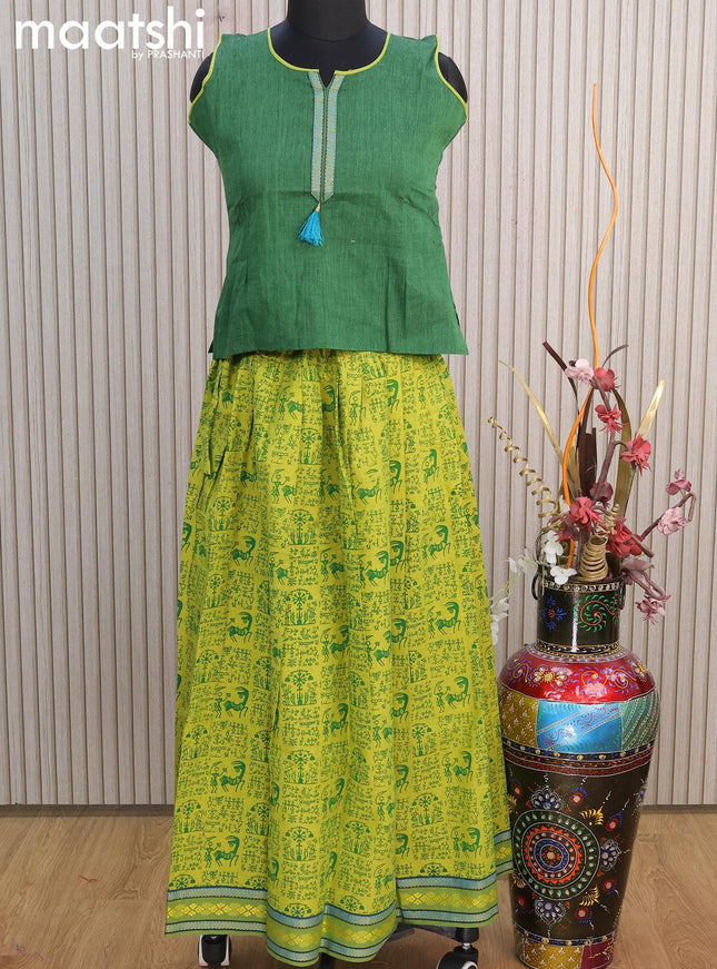 Mangalgiri cotton kids lehenga green and lime green with patch work neck pattern and warli prints & woven border for 11 years - {{ collection.title }} by Prashanti Sarees