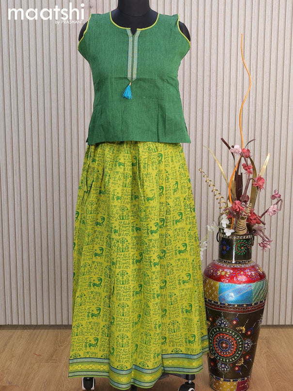 Mangalgiri cotton kids lehenga green and lime green with patch work neck pattern and warli prints & woven border for 11 years - {{ collection.title }} by Prashanti Sarees