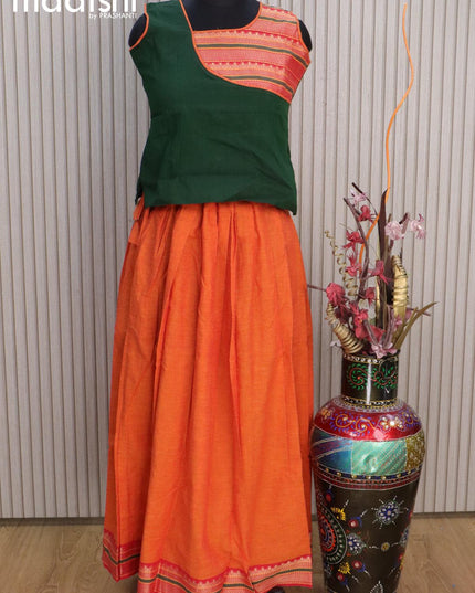 Mangalgiri cotton kids lehenga green and orange with patch work neck pattern and woven border for 11 years - {{ collection.title }} by Prashanti Sarees