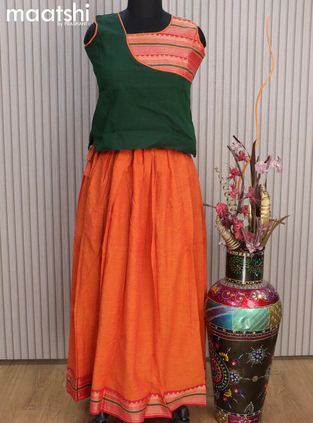 Mangalgiri cotton kids lehenga green and orange with patch work neck pattern and woven border for 11 years - {{ collection.title }} by Prashanti Sarees