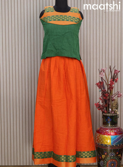 Mangalgiri cotton kids lehenga green and orange with patch work neck pattern and zari woven border Sleeve attached - {{ collection.title }} by Prashanti Sarees