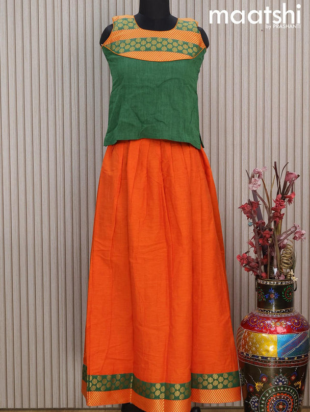 Mangalgiri cotton kids lehenga green and orange with patch work neck pattern and zari woven border Sleeve attached - {{ collection.title }} by Prashanti Sarees