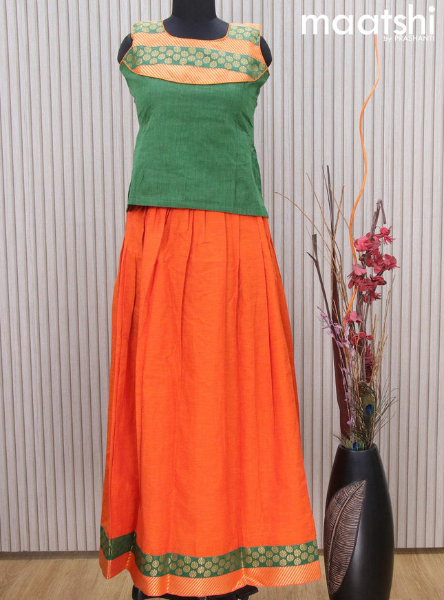 Mangalgiri cotton kids lehenga green and orange with patch work neck pattern and zari woven border Sleeve attached - {{ collection.title }} by Prashanti Sarees