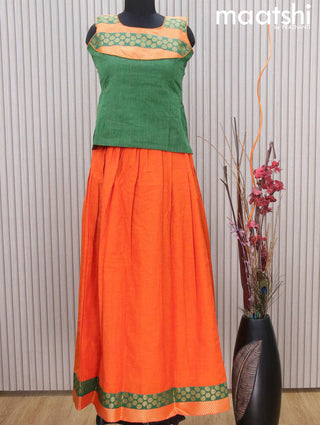 Mangalgiri cotton kids lehenga green and orange with patch work neck pattern and zari woven border Sleeve attached