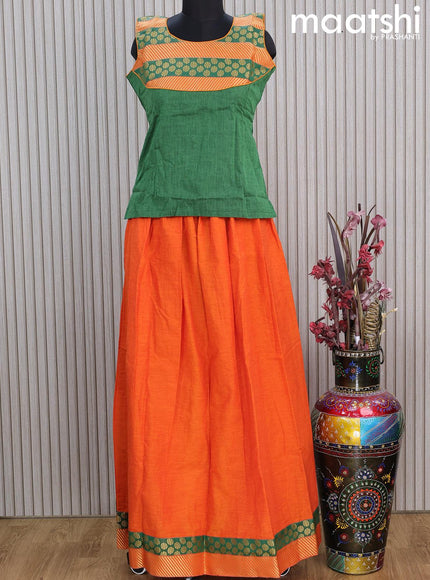 Mangalgiri cotton kids lehenga green and orange with patch work neck pattern and zari woven border Sleeve attached - {{ collection.title }} by Prashanti Sarees