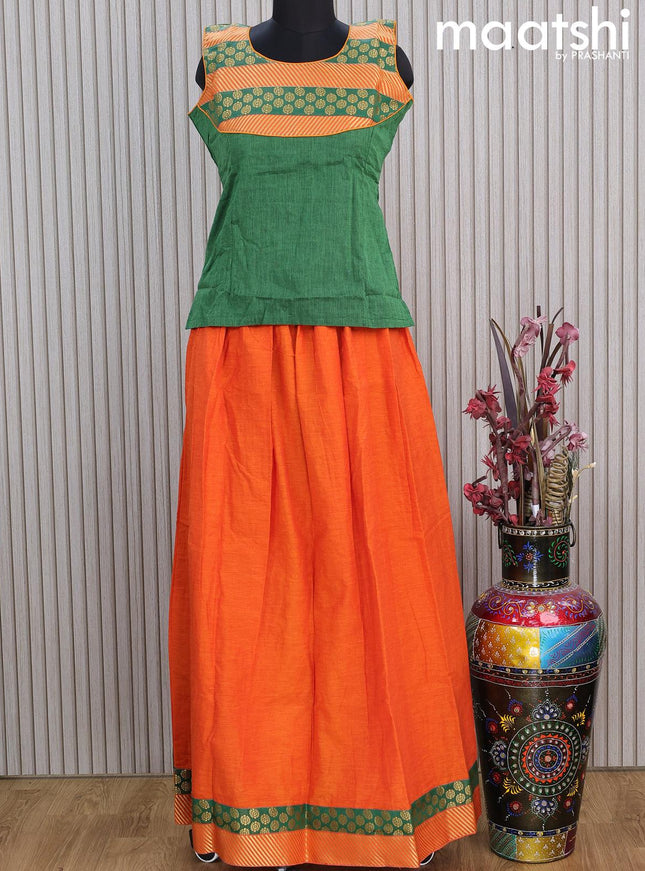 Mangalgiri cotton kids lehenga green and orange with patch work neck pattern and zari woven border Sleeve attached - {{ collection.title }} by Prashanti Sarees