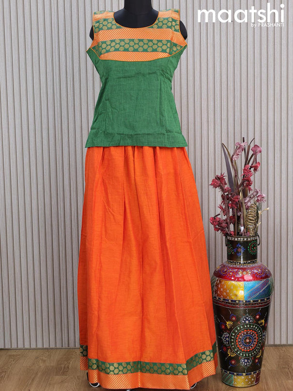 Mangalgiri cotton kids lehenga green and orange with patch work neck pattern and zari woven border Sleeve attached - {{ collection.title }} by Prashanti Sarees