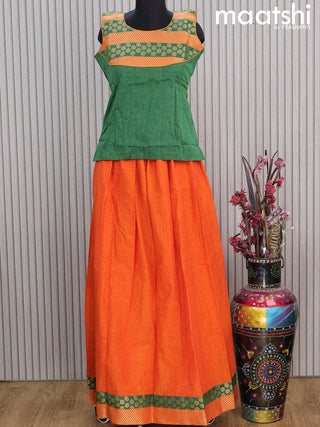 Mangalgiri cotton kids lehenga green and orange with patch work neck pattern and zari woven border Sleeve attached