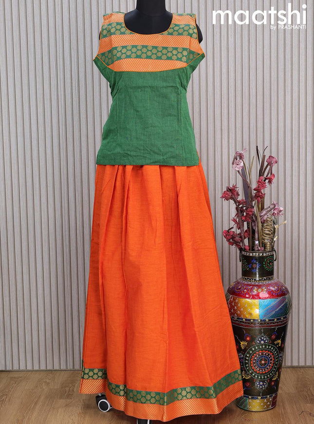 Mangalgiri cotton kids lehenga green and orange with patch work neck pattern and zari woven border Sleeve attached - {{ collection.title }} by Prashanti Sarees
