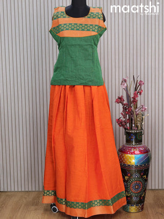 Mangalgiri cotton kids lehenga green and orange with patch work neck pattern and zari woven border Sleeve attached