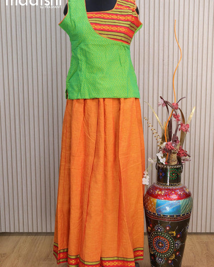 Mangalgiri cotton kids lehenga green and sunset orange with patch work neck pattern and woven border for 14 years - {{ collection.title }} by Prashanti Sarees