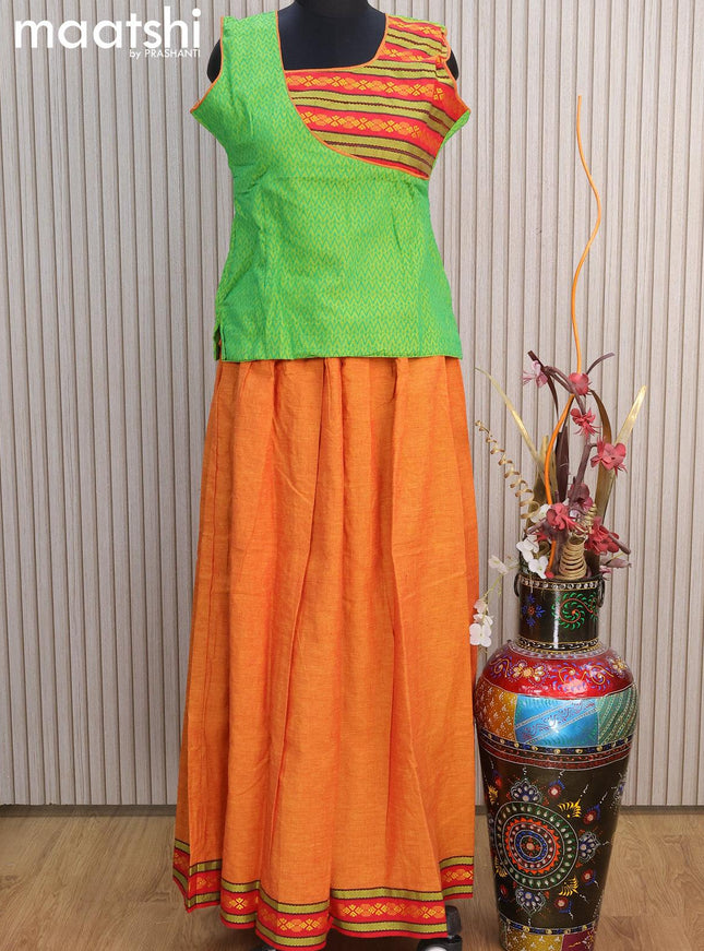 Mangalgiri cotton kids lehenga green and sunset orange with patch work neck pattern and woven border for 14 years - {{ collection.title }} by Prashanti Sarees