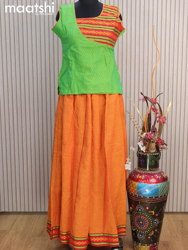 Mangalgiri cotton kids lehenga green and sunset orange with patch work neck pattern and woven border for 14 years - {{ collection.title }} by Prashanti Sarees